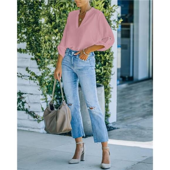 Womens Casual V Neck Shirts Cuffed Sleeves Chiffon Blouses Loose Solid Work Tops - Picture 4 of 5